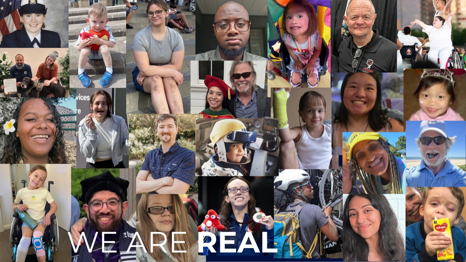 A collage of Collagen Advocacy Network members of all ages from around the world, with the words 'We are real'
